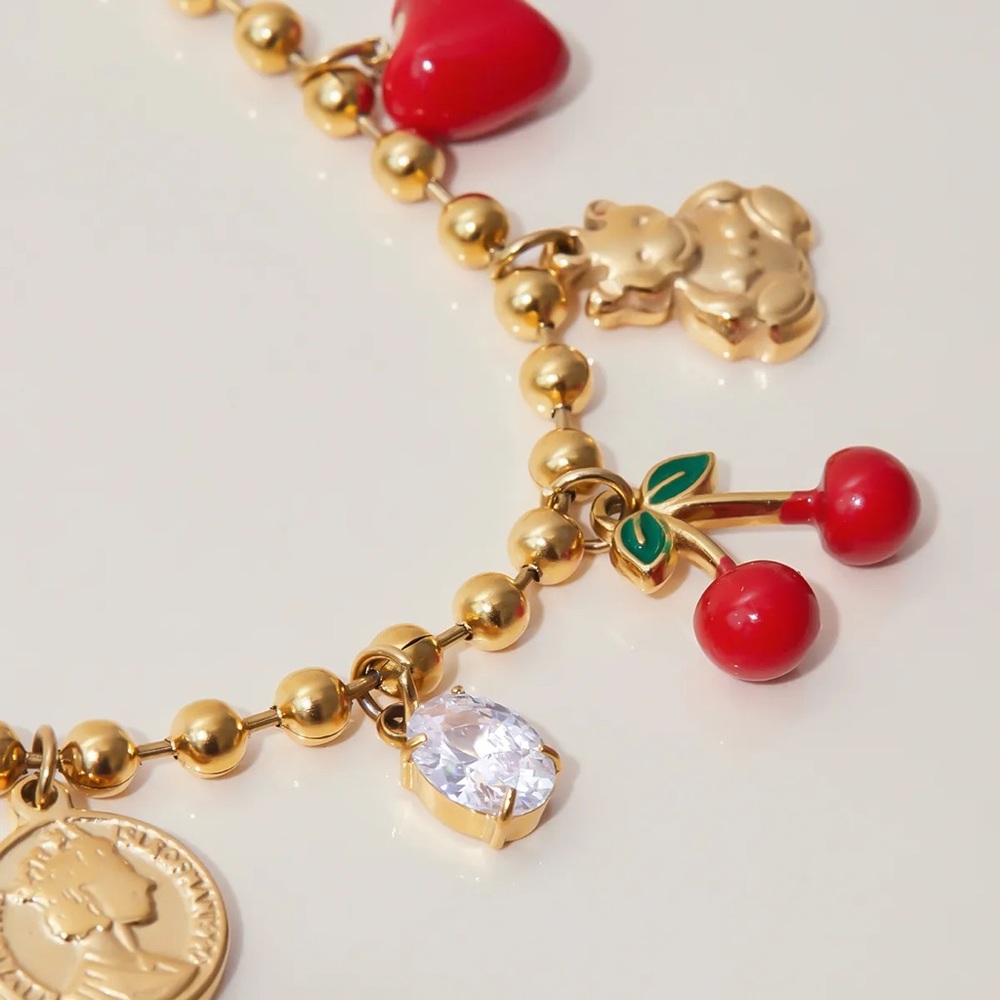 Golden Memories Beaded Cherry Teddy Bear Necklace - Picture 6 of 10